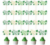 24 Pcs Happy St. Patrick's Day Cupcake Toppers Glitter Green Shamrock Lucky Four Leaf Clover Cupcake Picks for Irish St Patrick's Day Birthday Party Cake Decorations Supplies