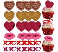 24 Pcs Happy Valentine's Day Cupcake Toppers Lip Heart Shaped Acrylic Cake Disc Mirror Engraved Cake Topper Heart Picks Cupcake Decorations for Valentines Anniversary Wedding Party Supplies