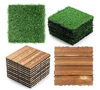 24 Pcs Hardwood Interlocking Patio Deck Tile and Artificial Grass Tile Waterproof Wood Flooring Tile Interlocking Turf Tile Outdoor Self Draining Tile for Balcony Garden Patio Lawn, 12x12 in