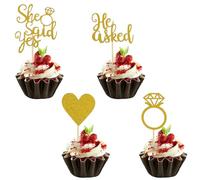 24 Pcs He Asked She Said Yes Cupcake Toppers, Gold Glitter Diamond Ring Heart Love Cake Picks Love Heart I Do Diamond Ring Wedding Engagement Cake Decorations Supplies