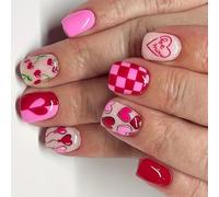 24 Pcs Heart Full Covers False Nails Glossy Acrylic Valentines Day Press On Short Square Stick On