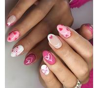 24 Pcs Heart Full Covers Stick On Nails French False Nails Glossy Artificial Nails Valentines Day Press On Nails