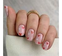 24 Pcs Heart Press On Nails Glossy Artificial Nails Short Square Stick On Nails Valentines Day Full Covers False Nails