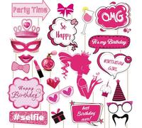 24 Pcs Hot Pink Birthday Photo Booth Props Kit - Pink Lets Go Party Princess Photo Booth Props Decorations for Kids Girls Women Birthday Party, Cute Designs for Princess Selfie Prop