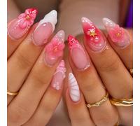 24 PCS Hot Pink Bloom Press On Nails - French Tip Floral Rhinestone Design Elegant Floral Fantasy Glitter Medium Golden Shine - for Women Long-Lasting Stylish Look