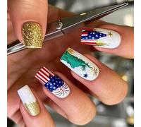 24 Pcs Independence Day False Nails Artificial 4th Of July Full Covers Stick On Long Square Press On