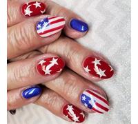 24 Pcs Independence Day False Nails Star Artificial Nails 4th Of July Full Covers Stick On Short Oval Press On