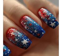 24 Pcs Independence Day Stick On Nails Star Artificial Nails Mediums Square False Colorful Press On