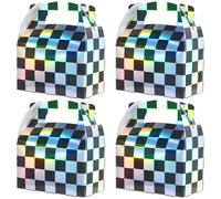 24 Pcs Iridescent Checkered Race Car Party Favor Gable Boxes, Paper Black and Iridescent Car Goodie Treat Boxes, Racecar Laser Plaid Gift Box for Kids Fast Race Cars Birthday Party Decorations