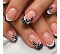 24 PCS Jet Black Press On Nails - Soft Short Square Shape Nude Pink Black & White French Tip Elegant Leaf Accent Minimal Floral Nail Art Monochrome Look for Women
