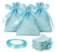24 Pcs Jute Bags with Drawstring, with Satin Ribbon, for Wedding Baptism Communion Birth Birthday Party (Blue)