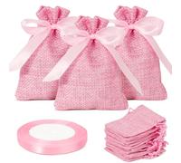 24 Pcs Jute Bags with Drawstring, with Satin Ribbon, for Wedding Baptism Communion Birth Birthday Party (Pink)