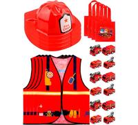24 Pcs Kids Firefighter Costume Set Fireman Dress Up Vest Clothing With Mini Pullback Firetruck Toy for Boys Girls Birthday Halloween Party Favors