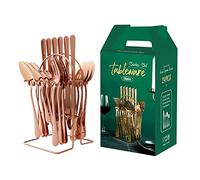 24 Pcs Kitchen Silverware Sets,430 Stainless Steel，Flatware Set for 6,Unique Silverware Set，Cubiertos De Acero Inoxidable，with Tray Holder，Gift Box Packaging，Dishwasher Safe (Rose Gold)
