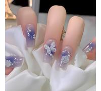 24 PCS Lavender Purple Gradient Press on Nails - Romantic Fantasy Style - Shiny Finish Fairy Butterfly Nail Art Floral Pearl Embellishment with Crystal Details for Dreamy style