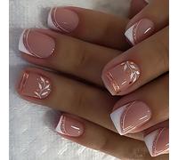 24 Pcs Leaf Artificial Nails French Tip Press On Nails Short Square Stick On Glittering False For Party