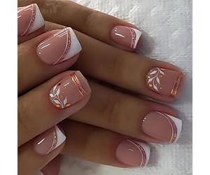 24 Pcs Leaf Artificial Nails French Tip Press on Short Square Stick on Glittering False for Party