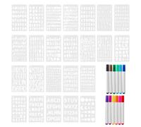 24 Pcs Letter StencilsS with 12 Marker, Calligraphy Stencils Letters Artistic Drafting Drawing Templates Stencil Set, Reusable Plastic Stencils for Painting