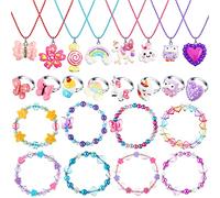 24 Pcs Little Girl Jewelry Set Kids Unicorn Necklace Cute Woven Bracelet Ring for Friend Owl Pretend Dress up Party Favor (Floral Style)