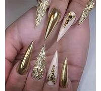 24 Pcs Long Almond Stick on Nails Glittering False Autumn Winter Press on Artificial with Rhinestones