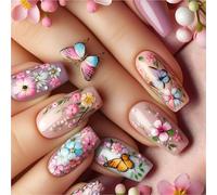 24 Pcs Long Ballerinas Acrylic Nails Flowers Full Covers Stick On Butterfly Press On Stylish False