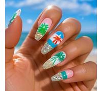 24 Pcs Long Ballerinas False Nails Coconuts Tree Press On Acrylic Glittering Full Covers Stick On