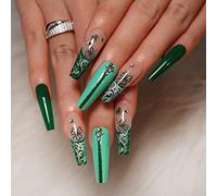 24 PCS Long Coffin Press on Nails Green Clover Fake Nails Rhinestone False Nails Lines Glitter False Nails Glossy Fake nails Daily Fake Nails for Women and Girls