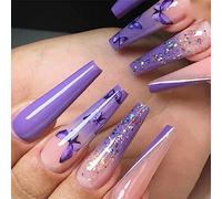 24 PCS Long Coffin Press on Nails Purple Butterfly Fake Nails Gold Glitter Fake Nails Ballerina Fake Nails Daily Wear False Nails for Women and Girls