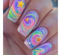 24 Pcs Long False Nails Star Artificial Nails Gradients Full Covers Stick On Glittering Press On For Woman