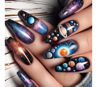 24 Pcs Long False Nails Stylish Artificial Acrylic Nails Glossy Full Covers Stick On Nails Starry Skies Press On Nails
