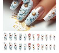 24 Pcs Long False Nails White Flowers Artificial Nails Ballerinas Stick On Nails Glossy Press On Nails For Woman