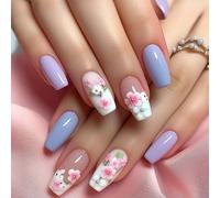 24 Pcs Long Shape Press On Nails Flowers False Simple Acrylic Glossy Full Covers Stick On For Woman