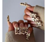 24 Pcs Long Square Acrylic Nails Bows Full Covers Stick On French Tip Press On Leopards Print False