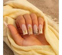 24 PCS Long Square Press On Nails with Flower Design, White French Tip Nails with Charms, Cream Leopard & Floral Mixed Elegant 3D Floral & Animal Print (Long Square flower)