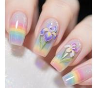 24 Pcs Long Square Stick on Nails Flowers Full Covers False Colorful Press on Manicures Supplies for Woman