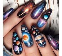 24 Pcs Long Stick On Nails Stylish Artificial Starry Skies False Glossy Press On For Woman Girls