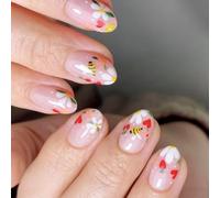 24 Pcs Lovely Bees Artificial Nails Short Oval Full Covers False Nails Glossy Stick On Flowers Press On