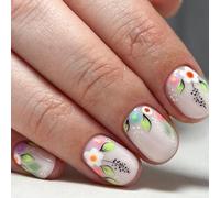 24 Pcs Lovely Flowers False Nails Leaves Artificial Nails Full Covers Stick On Short Square Press On