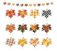 24 PCS Maple Leaf Hanging Ornaments Fall Harvest Party Maple Leaves Small Wooden Ornaments Orange Plaid Tree Potted Plan Hanging Pendants with Rope for Thanksgiving Autumn Harvest Party Decorations