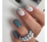 24 Pcs Marine Jewel Short Press-On Nails Kit - Light Blue & Gold Glitter Semi-Cured Gel Strips, Durable ABS Full Cover, 12 Sizes Custom Fit, Glue Included, 3-Minute No-Tool Application