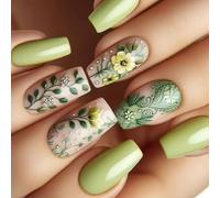 24 PCS Mediuim Square Stick Glossy Full Covers False Nails Greens Press On Nails Manicures Supplies For Woman