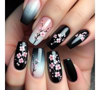 24 Pcs Medium Coffin False Nails, Black Gradient Ballet False Nails in 12 Sizes, Plum Blossom Pattern Fake Nail Set, Acrylic Full Cover Stick on Nail for Women Girls, Natural & Reusable, Easy to Apply