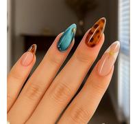24 Pcs Medium Length Blue Almond Shape Press on Nails with Leopard Design, Tortoise Shell & Teal Autumn Aqua Artistic Mismatch 3D French, False Elegant Fake Nails for Women (Blue Artificial)