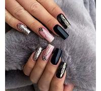 24 PCS Medium Length Fake Nails Marble Fake Nails Pink and Black Fake Nails Rhinestone with Line Design Fake Nails Full-Cover Fake Nails Give to Women & Girls Holiday Gifts