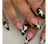 24 Pcs Medium Pointed Press On Nails - Black White Stars Slanted French Tips Punk Style Y2K Nails Bold Contrast Almond Shape, ABS Material Fake for Women and Girls (Star Black)