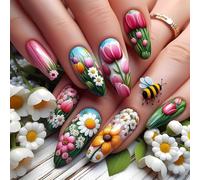 24 Pcs Mediums False Nails Flowers Artificial Nails Water Droplets Stick On Nails Glossy Press On Nails For Woman