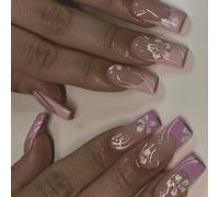 24 Pcs Mediums Length False Nails Flowers Artificial French Tip Stick On Glossy Press On