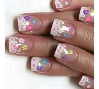 24 Pcs Mediums Square False Nails Colorful Flowers Press On Lovely Acrylic Glossy Full Covers Stick On