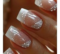24 Pcs Mediums Square False Nails French Tip Acrylic Full Covers Stick On Sparkling Press On For Women