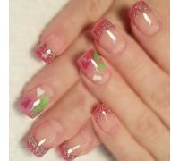 24 Pcs Mediums Square False Nails Lovely Heart Artificial Nails Valentines Day Press On Nails French Tip Stick On Nails
